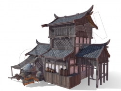 低面中式三层古代楼房建筑C4D模型