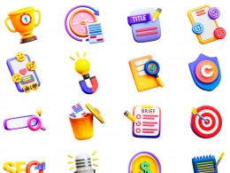 20个互联网内容创作与营销场景专用3D卡通图标模型合集下载，包含奖杯、截止时钟、标题、社交等多种元素与图示格式3d Copywriting Icon