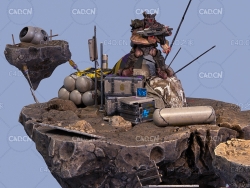 手拿武器的外星怪物悬浮的太空陨石场景C4D模型 Fallen Cargo