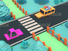 卡通低多边形城市交通C4D模型 low poly car scene