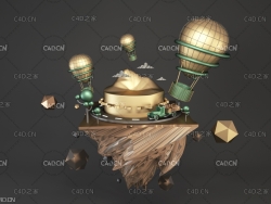 C4D OCTANE悬浮低面山峰金属场景工程