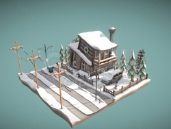 卡通农村冬季雪景房子 ow Poly Winter Scene