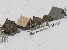 农村木屋乡村小木屋水井推车粮仓围栏木桶木头房子框架Village House Kit