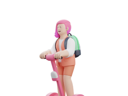 背书包的卡通女孩骑电动滑板车