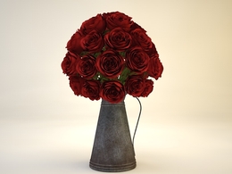 客厅装饰花卉：金属杯中的玫瑰C4D模型 Red Roses in Metal Kettle 3D Model