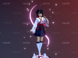 卡通日本动漫女孩短裙长袜少女C4D模型