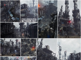 65个后启示录工业废墟幸存者环境场景赛博朋克钢铁机械工厂模块化3D模型资源套装高精度贴图合集Post Apocalypse Survivor Environment Kitbash set