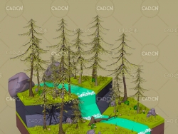 低面多边形卡通松树林间小溪水自然景观模型 nature pack