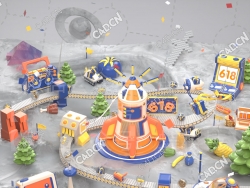 科幻外星球场景电商海报背景618促销卡通飞船游乐园履带运输模型