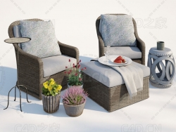 C4D藤编桌椅镂空石桌装饰花盆花卉模型