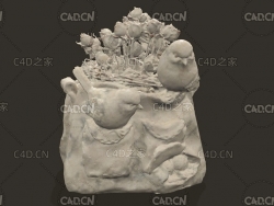 玫瑰花袋子上的鸟雕塑C4D模型 Rose flower and bird sculpture