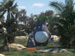 蒲葵树棕榈树下的龙猫卡通IP角色模型