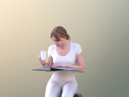 三维扫描写实人物坐着查阅文档的国外女孩