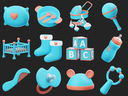 15个婴儿用品玩具卡通图标C4D模型Baby Stuff 3D Icon