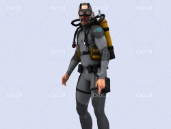 潜水员水底扭头观望姿势动画深海潜水蛙人C4D模型DiverHunter-stand idle
