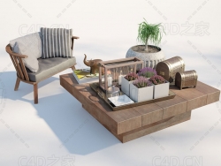 C4D休闲扶手椅实木方桌花盆宝箱大象工艺品摆件模型