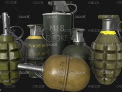 6颗手榴弹手雷C4D模型 Grenades Pack VR / AR / low-poly 3d model