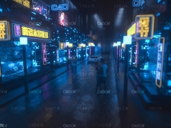 繁华的城市街道夜景C4D Octane Render模型工程