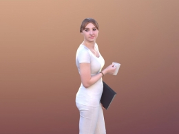 三维扫描写实人物拿水杯文档站着扭头看的国外办公室女孩