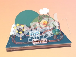 C4D过山车卡通风格模型 Rollercoaster Diorama Cartoon Style