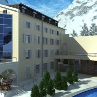 雪山脚下的4层酒店大楼建筑C4D模型 Hotel building construction 3D model