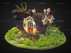C4D卡通花草木屋模型 cabin