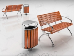 带有配套垃圾桶的经典木制公园长凳C4D模型