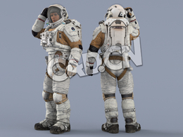 右手摸偷窥设备的白色太空服年轻女性宇宙航天员Idle Helmet Pilot Light