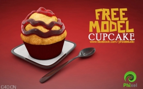 蛋糕C4D模型 C4D 3D Model of a cupcake, dish and spoon