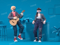 C4D OC为女友弹奏吉它的少年卡通布料人偶场景模型