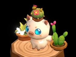 低面多边形卡通小猫和萤火虫盆景植物C4D模型