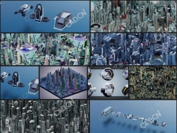 科幻城市楼房汽车低精度3D模型Futuristic LowPoly Cities with Flying Cars