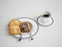 早餐食物面包煎牛排咖啡刀叉C4D模型下载