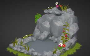 卡通游戏水池石山景观C4D模型 Pool mountain landscape