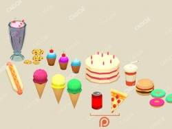 17个低面多边形卡通快餐食品C4D模型Junk Food Pack - Apr 2017