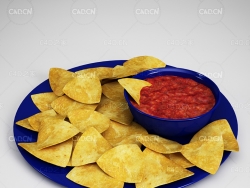 盘子里的薯片与番茄酱C4D模型 Potato chips