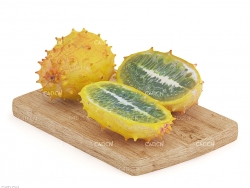 实木板上的半块刺角瓜C4D模型 金腰芒 火参果 火生果 火星果 热带水果 奇瓦诺果