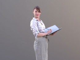 三维扫描写实人物拿档案记录的国外白领女职员