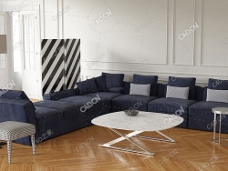 客厅布艺沙发蓝色沙发L型沙发拐角沙发C4D模型SOFA 3D MODEL