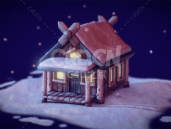 C4D冬日夜晚下雪小木屋温馨场景模型下载