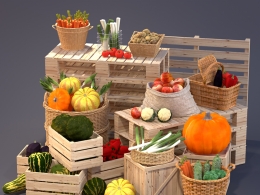高精度农产品蔬菜水果篮筐木箱3D模型合集下载支持C4D SKP FBX OBJ多格式农业市场场景陈列搭建