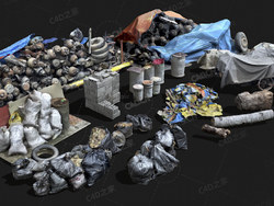 工业垃圾堆垃圾场模型Trash Pack V-04汽车配件轮胎油桶编织袋垃圾袋木桩水泥空心砖废弃物品