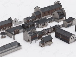 中式古建筑群古镇明清街道房子C4D模型