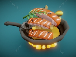 C4D卡通平底锅烹饪面包食材模型下载