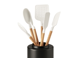 木柄硅胶厨具套装家居厨房用品3D模型素材下载White Silicone & Wood Utensils by Crat