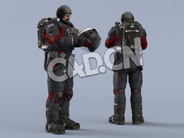 双手抱头盔站立黑红色宇航服大胡子男性太空飞行员idle Helmet Scifi PutOn