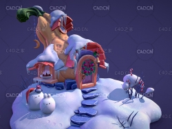 圣诞节南瓜雪屋卡通场景C4D模型 Christmas pumpkin igloo
