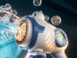高精度C4D Octane太空泡泡枪模型工程含小机器人泡泡特效贴图适用于科幻动画儿童玩具渲染制作