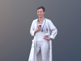 三维扫描写实人物站着喝奶茶的国外女医生