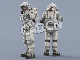 右手检查头盔接收设备的白色太空服中年男性宇宙航天员Idle Radio